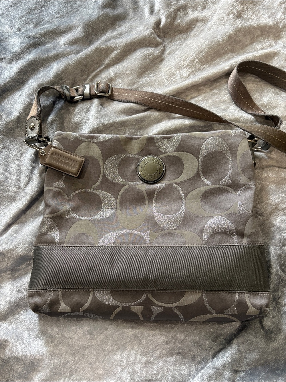 Coach Larger Crossbody Bag in Taupe, Silver & Dark Silver W/Pink Lining